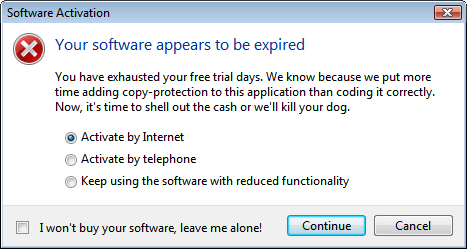 Software activation dialog under Windows Vista