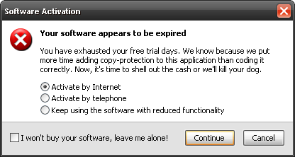 Software activation confirmation dialog under Windows XP